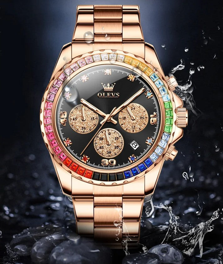 RELOJ DE LUJO CON PIEDRAS DIAMANTADAS DE ARCOIRIS-ACUÁTICO